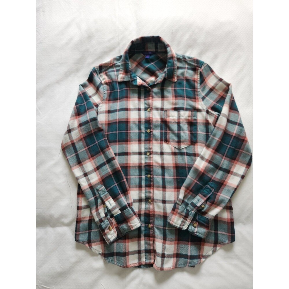 Aeropostale Womens Medium Teal Green Pink Plaid Long Sleeve Flannel Shirt M